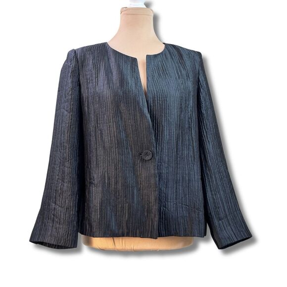 Eileen Fisher Crinkle Silk Collarless Jacket-Black-Leather Trim Pockets-Medium - Picture 1 of 14